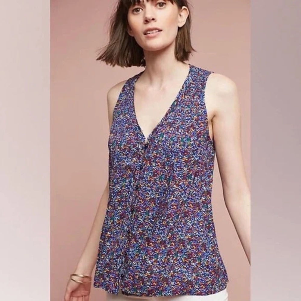 Anthropologie Maeve Lila Sleeveless Pintuck Button Down V Neck Blouse